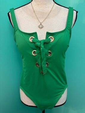 Michael Kors Green Lace-Up Swim Bodysuit with Gold Grommets